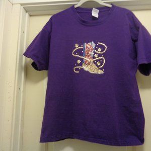 BLING COWGIRL BOOT ON PURPLE TEE SHIRTLG